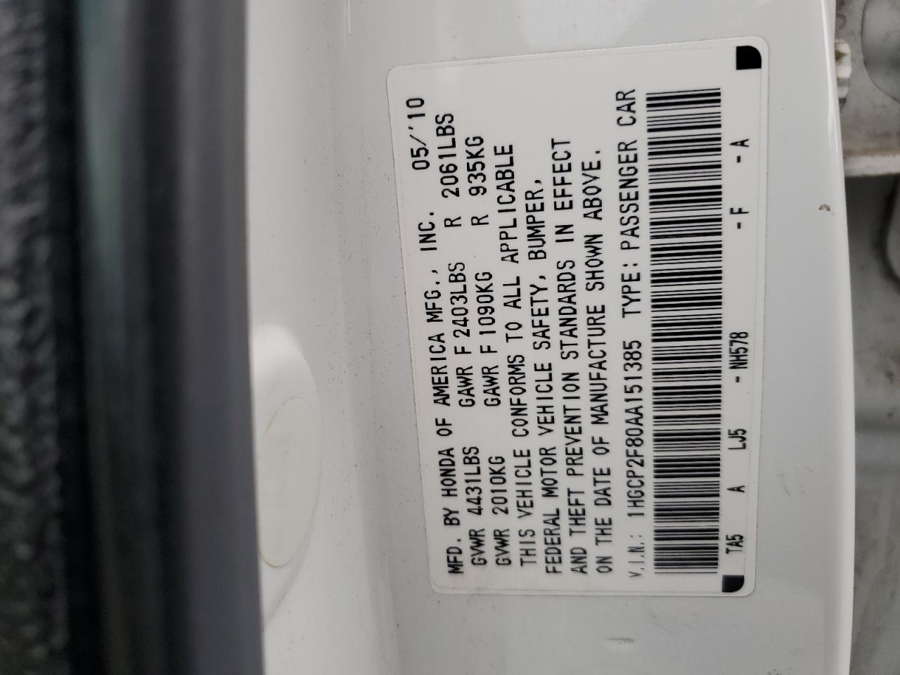 1HGCP2F80AA151385 2010 Honda Accord Exl