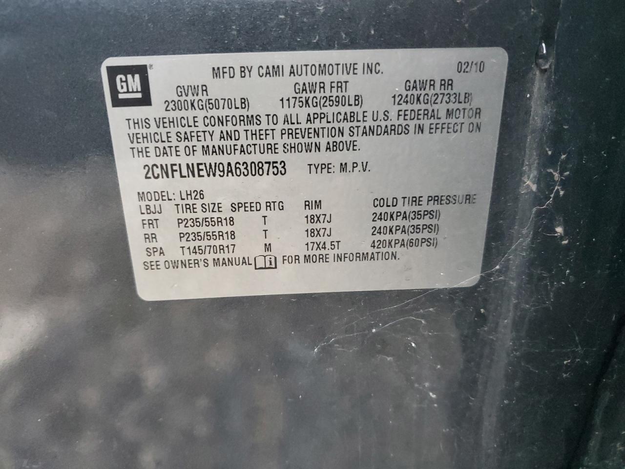 2CNFLNEW9A6308753 2010 Chevrolet Equinox Lt