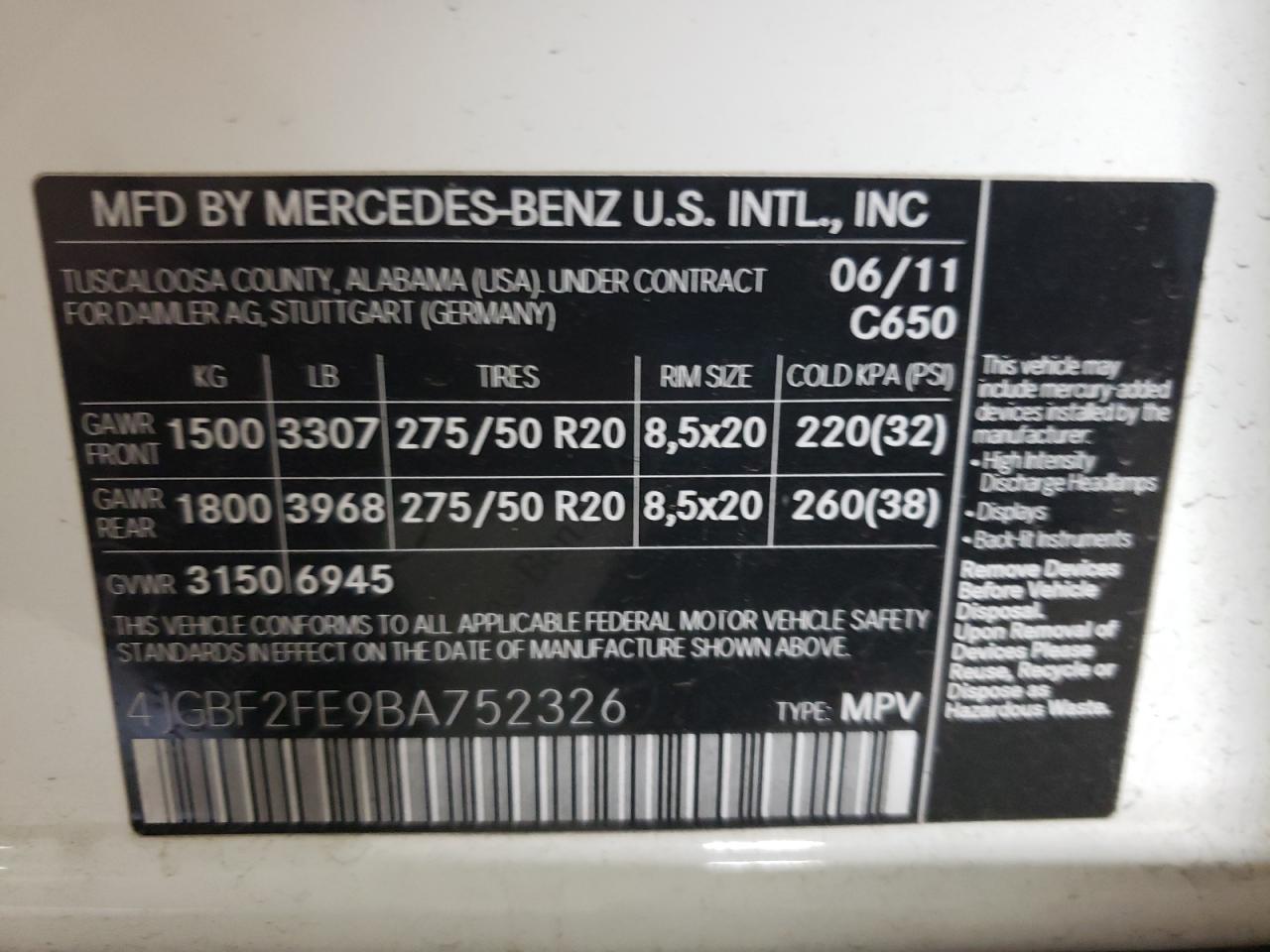 2011 Mercedes-Benz Gl 350 Bluetec VIN: 4JGBF2FE9BA752326 Lot: 77433904