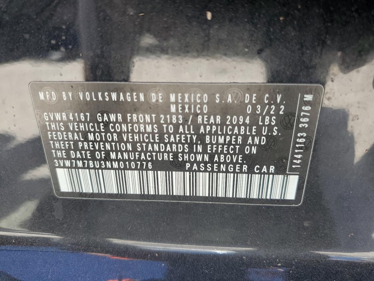 3VW7M7BU3NM010776 2022 Volkswagen Jetta Se