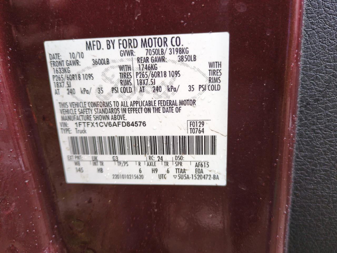 1FTFX1CV6AFD84576 2010 Ford F150 Super Cab