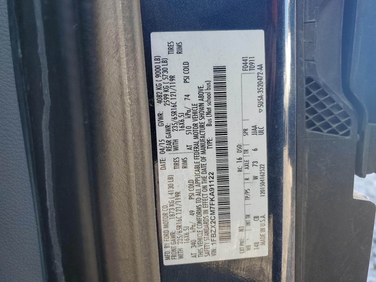 2015 Ford Transit T-350 VIN: 1FBZX2CM7FKA91122 Lot: 76305754