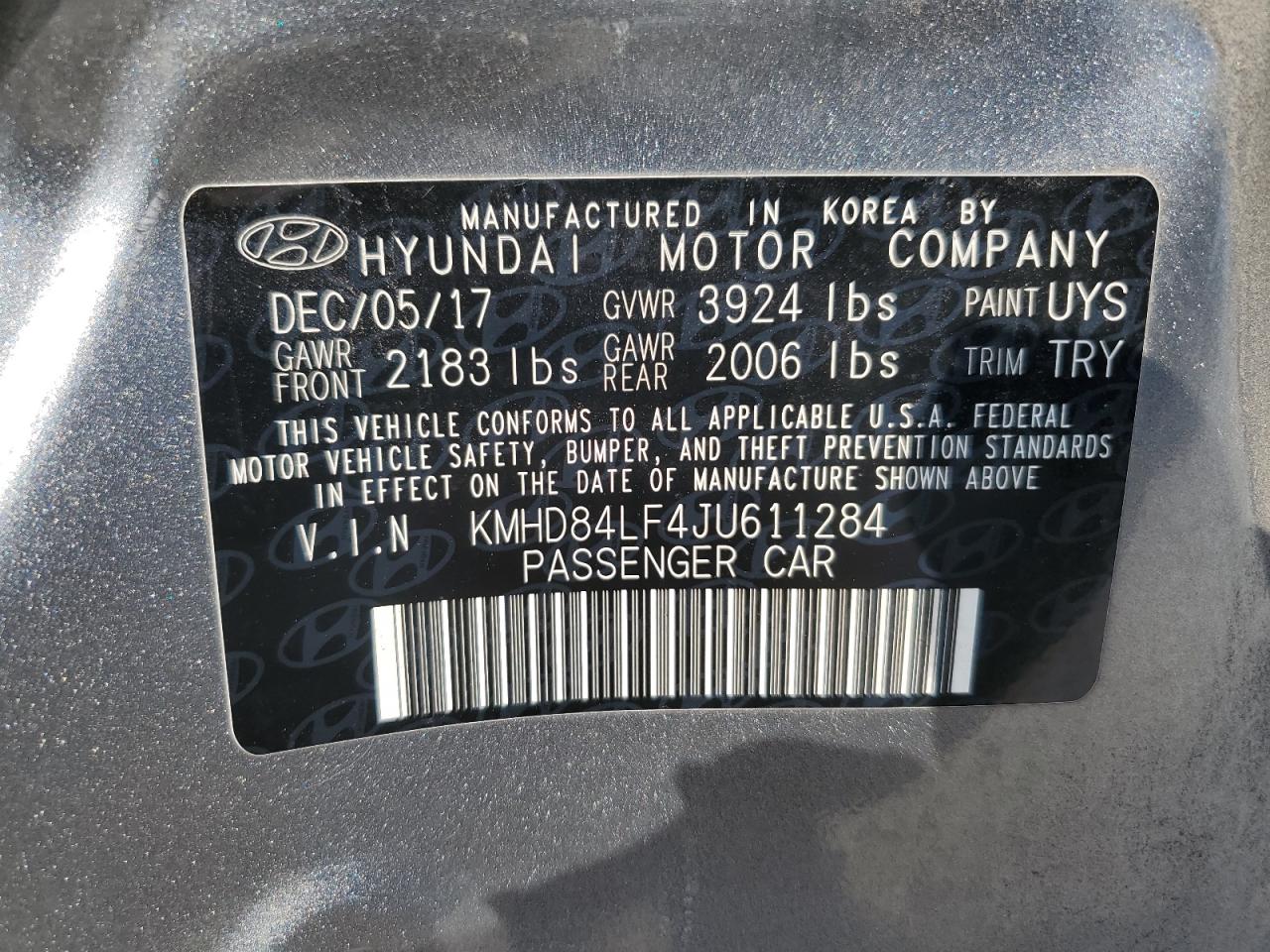 KMHD84LF4JU611284 2018 Hyundai Elantra Sel