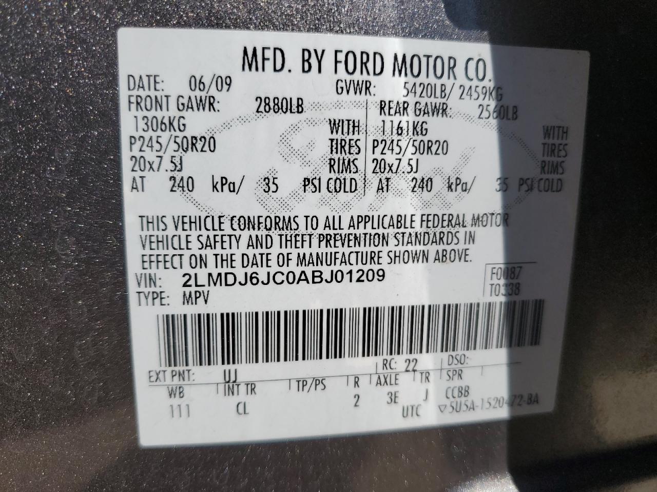 2010 Lincoln Mkx VIN: 2LMDJ6JC0ABJ01209 Lot: 76343324