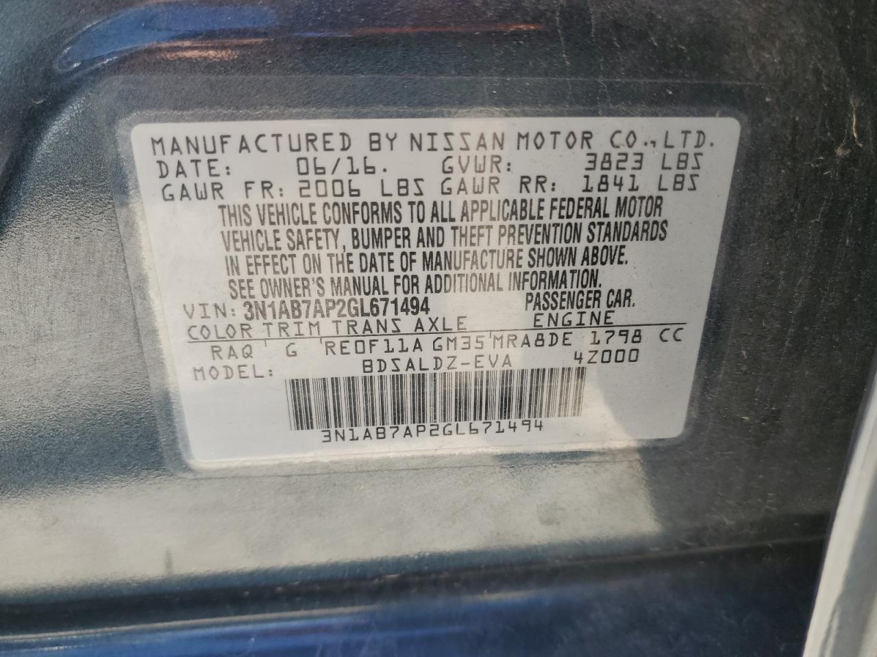 3N1AB7AP2GL671494 2016 Nissan Sentra S