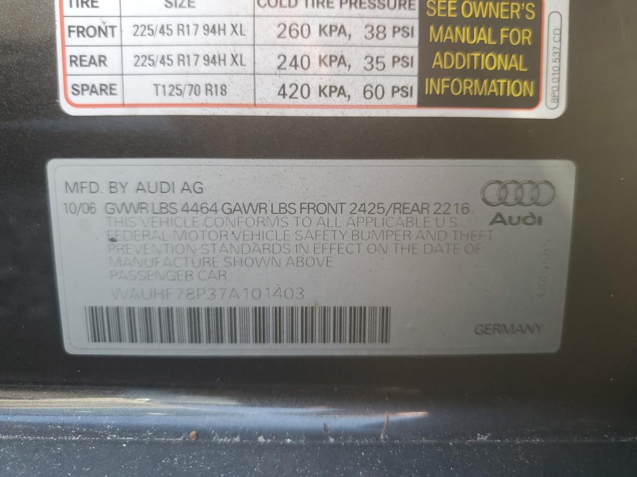 2007 Audi A3 2 VIN: WAUHF78P37A101403 Lot: 73951224