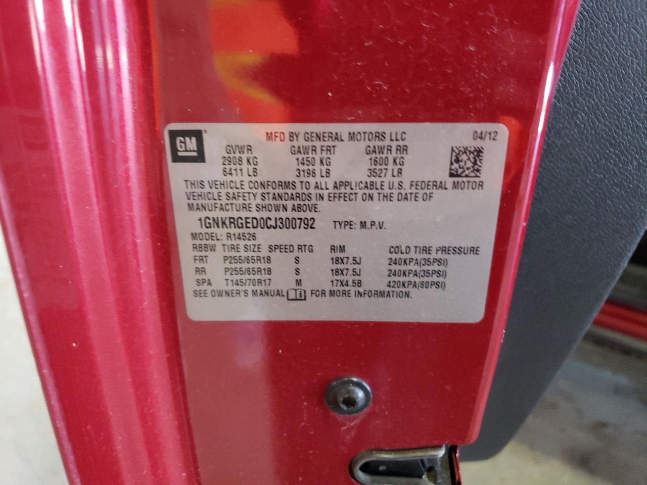 2012 Chevrolet Traverse Lt VIN: 1GNKRGED0CJ300792 Lot: 75384004