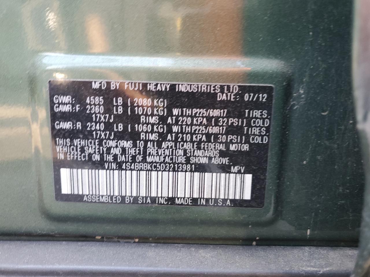 2013 Subaru Outback 2.5I Limited VIN: 4S4BRBKC5D3213981 Lot: 74070984