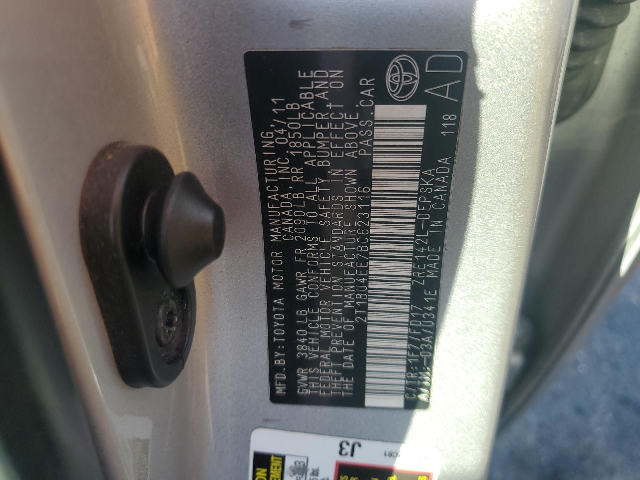 2011 Toyota Corolla Base VIN: 2T1BU4EE7BC623116 Lot: 74786194