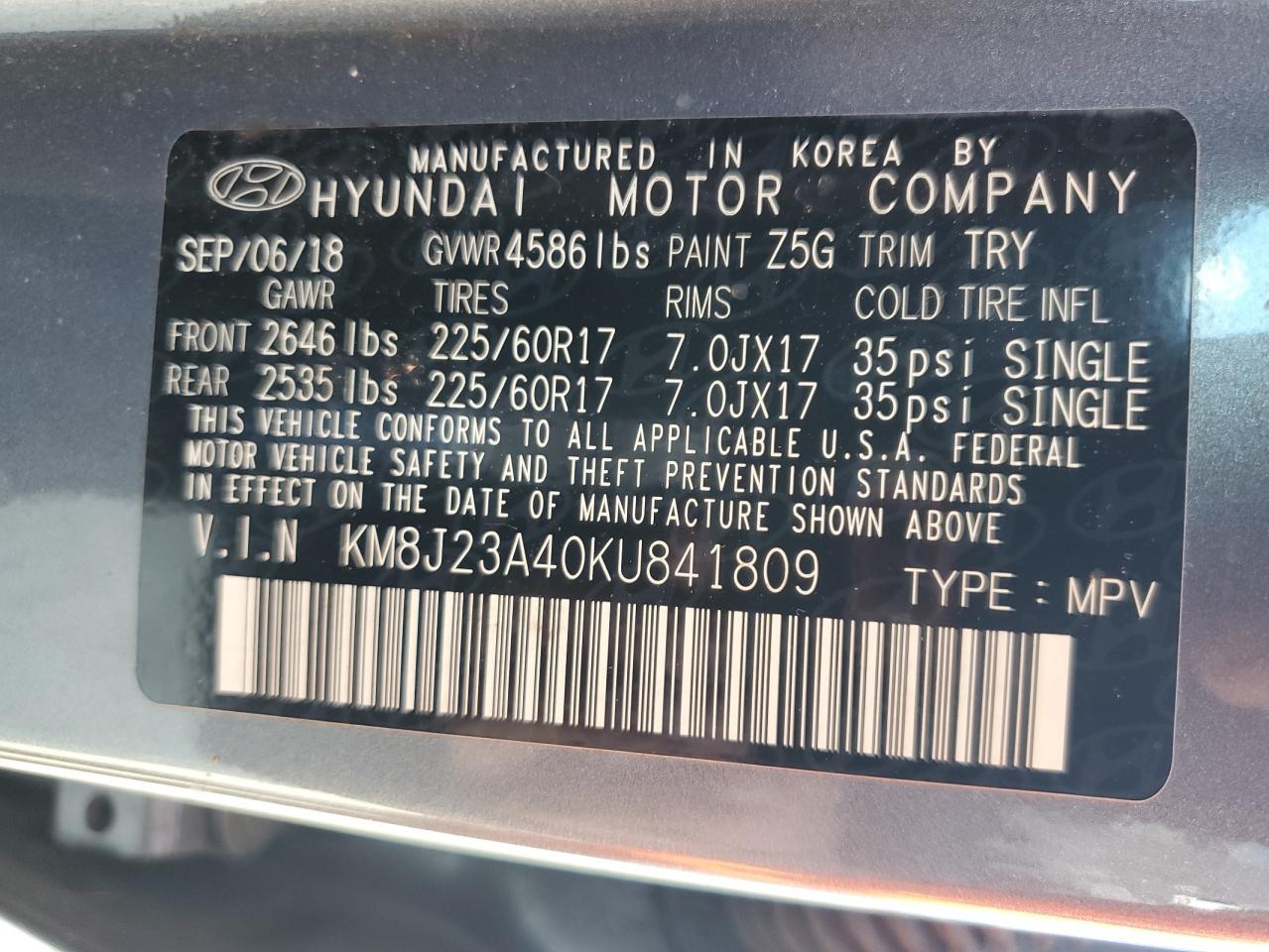 KM8J23A40KU841809 2019 Hyundai Tucson Se