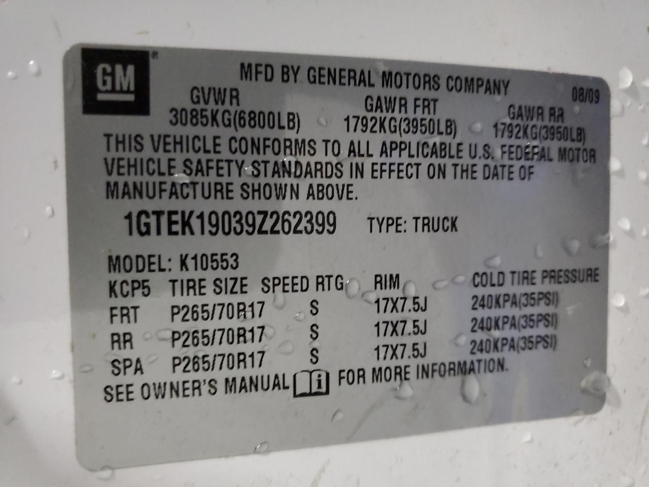 1GTEK19039Z262399 2009 GMC Sierra K1500