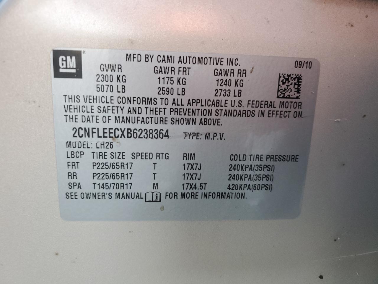 2CNFLEECXB6238364 2011 Chevrolet Equinox Lt