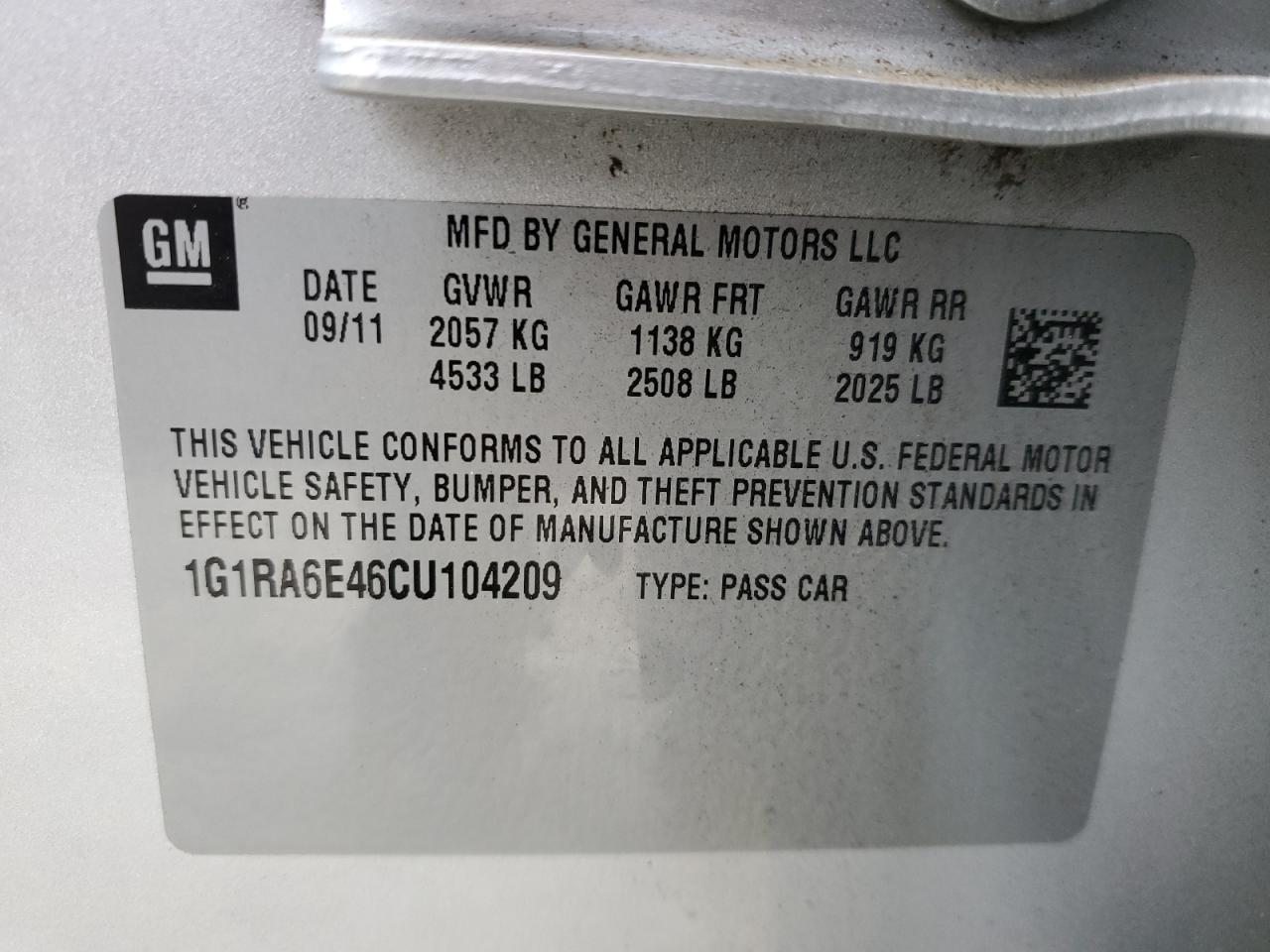 1G1RA6E46CU104209 2012 Chevrolet Volt