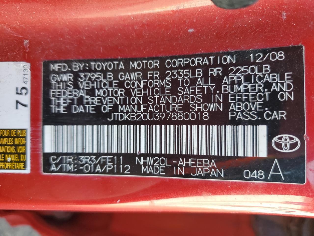 JTDKB20U397880018 2009 Toyota Prius