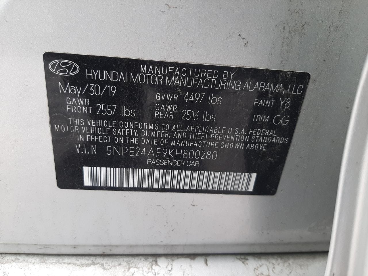 5NPE24AF9KH800280 2019 Hyundai Sonata Se