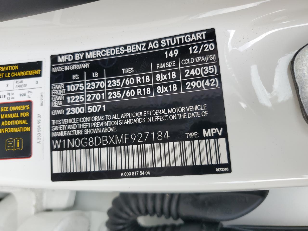 W1N0G8DBXMF927184 2021 Mercedes-Benz Glc 300