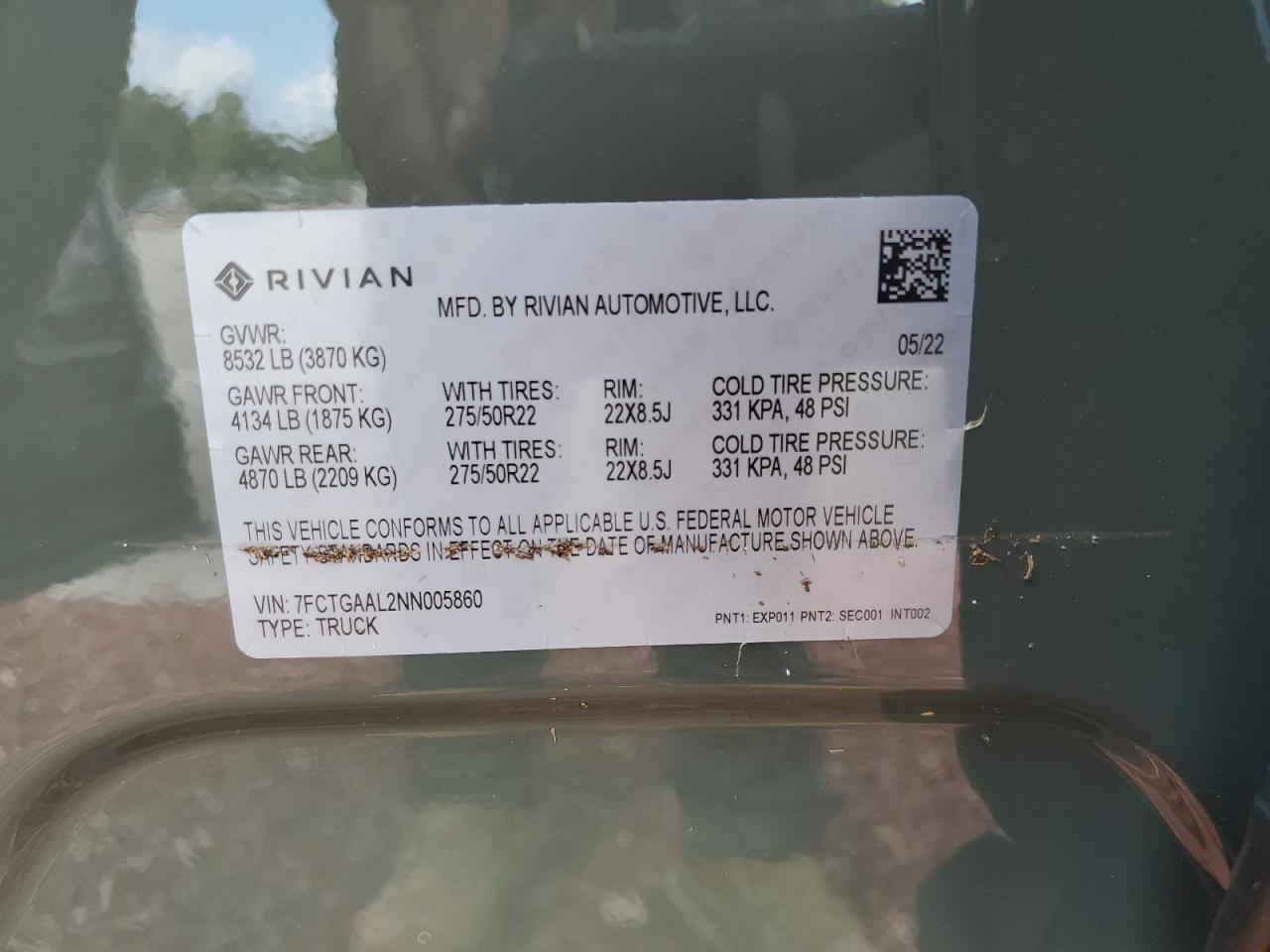 7FCTGAAL2NN005860 2022 Rivian R1T Launch Edition