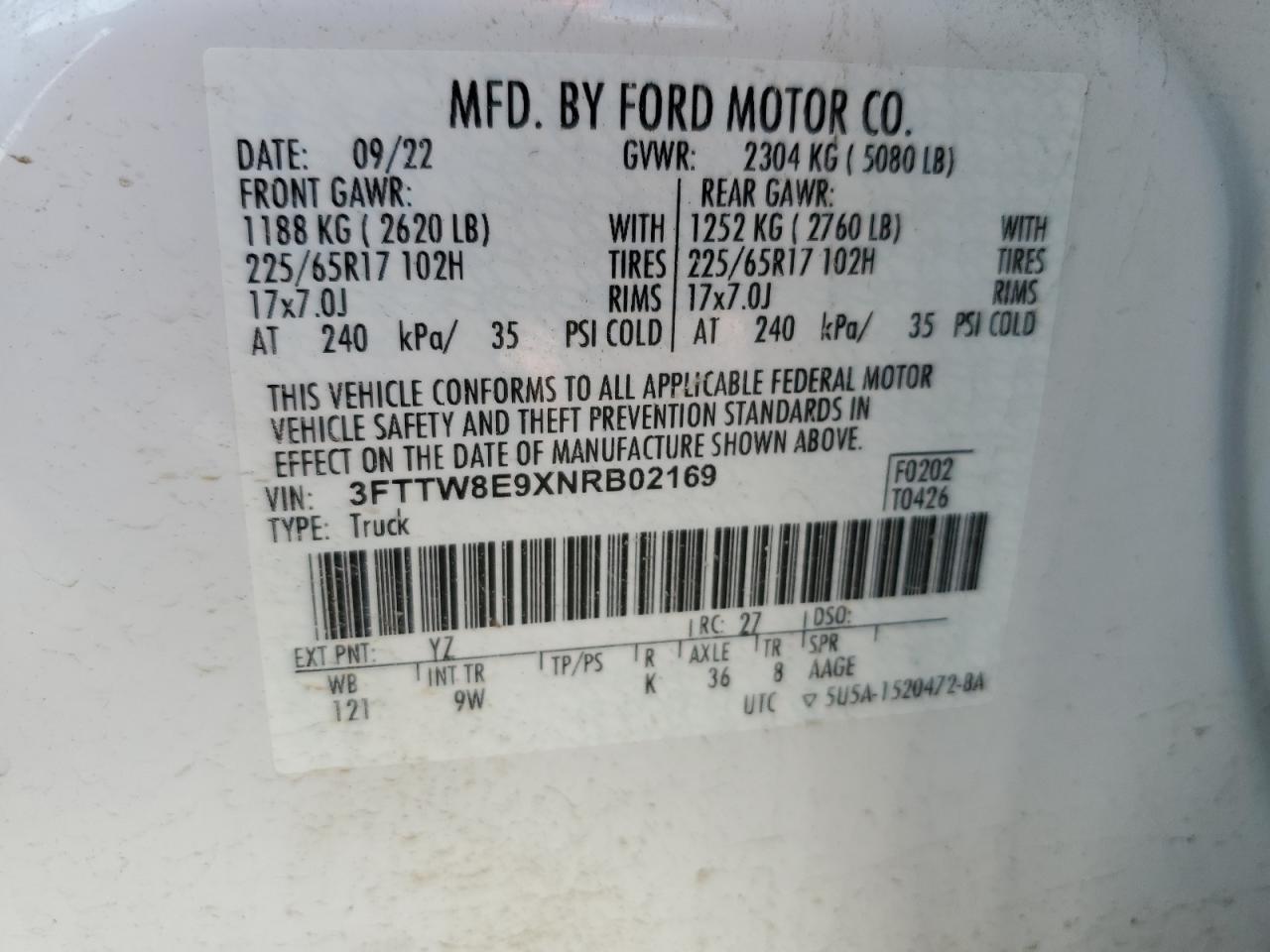 3FTTW8E9XNRB02169 2022 Ford Maverick Xl