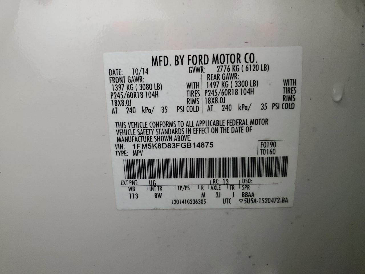 2015 Ford Explorer Xlt VIN: 1FM5K8D83FGB14875 Lot: 74337594