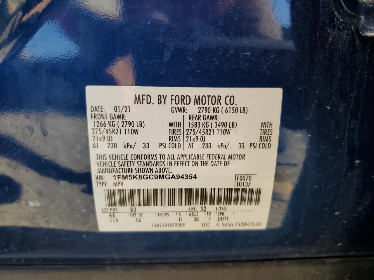 2021 Ford Explorer St VIN: 1FM5K8GC9MGA94354 Lot: 73637344