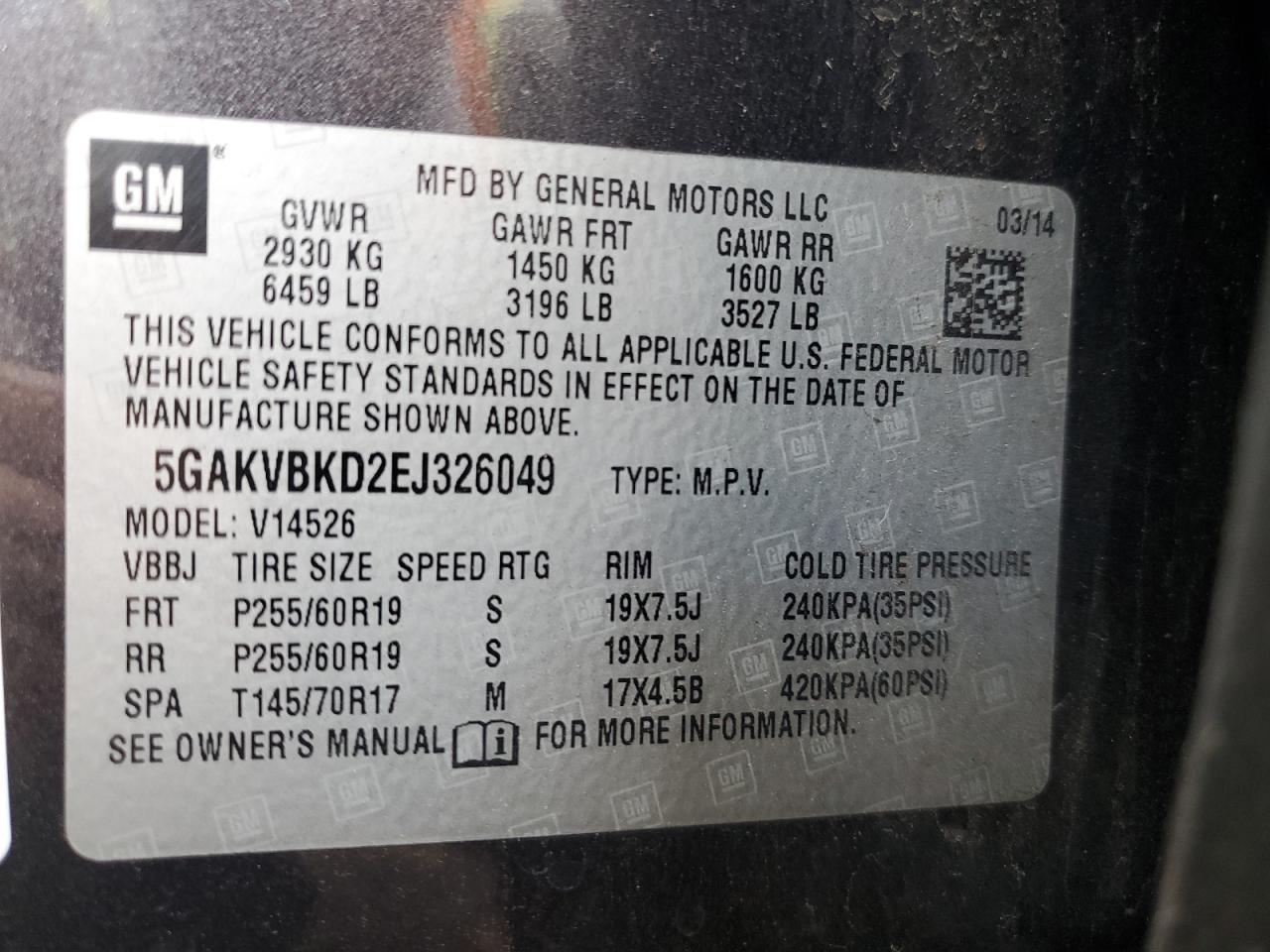 5GAKVBKD2EJ326049 2014 Buick Enclave