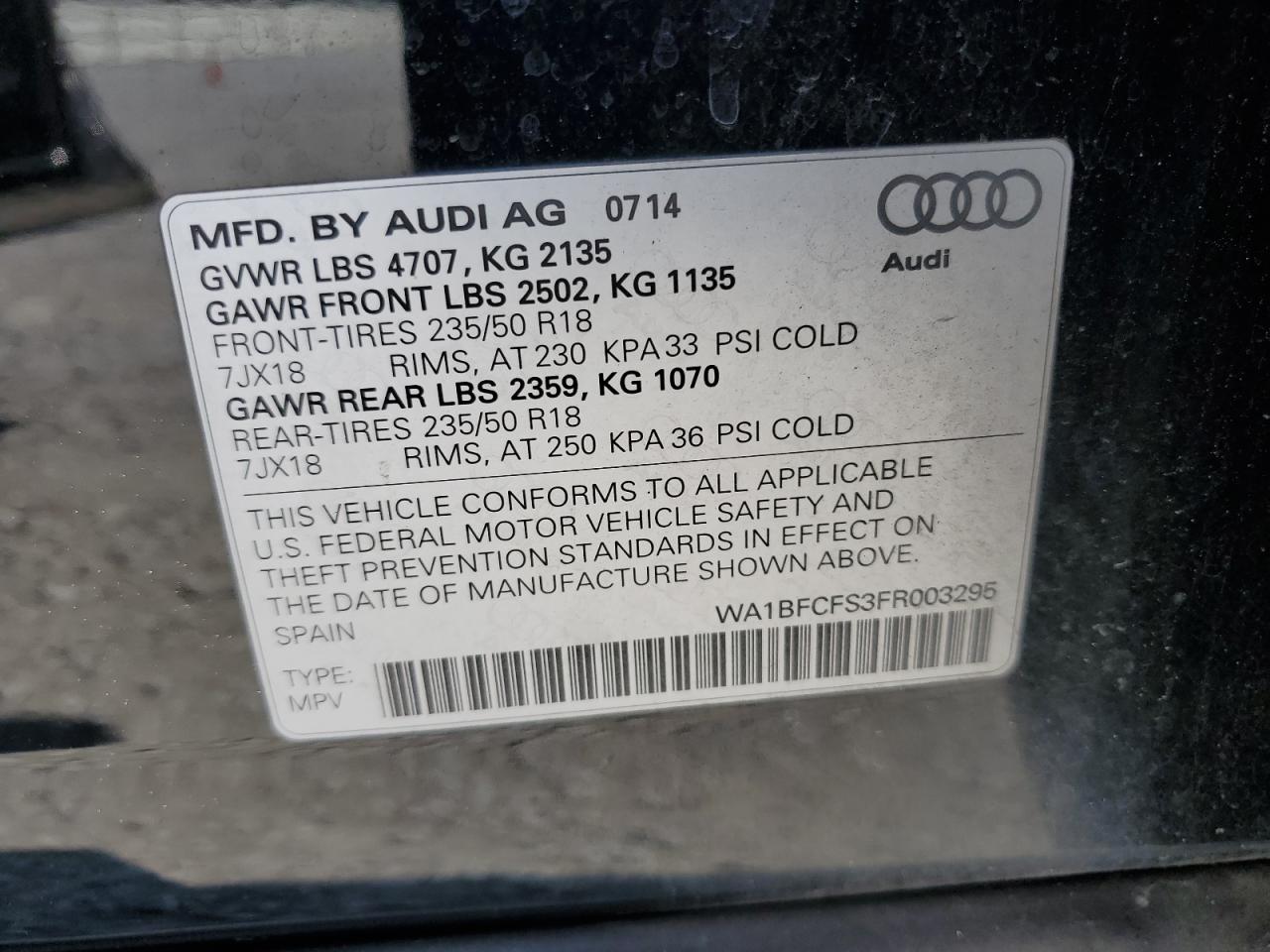 2015 Audi Q3 Premium Plus VIN: WA1BFCFS3FR003295 Lot: 74961954