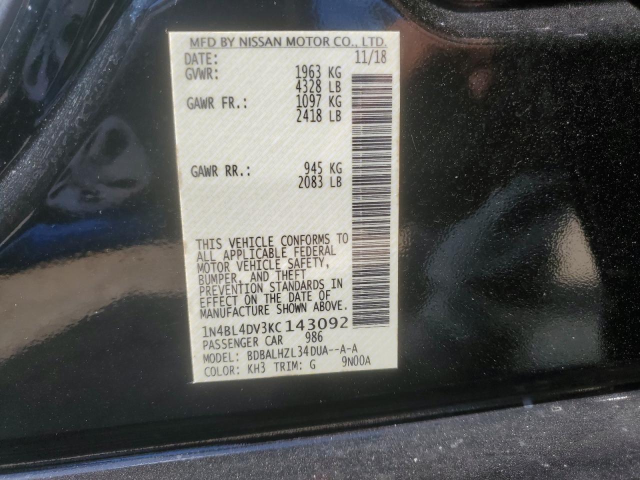 1N4BL4DV3KC143092 2019 Nissan Altima Sv