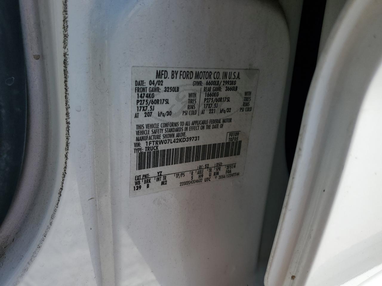 2002 Ford F150 Supercrew VIN: 1FTRW07L42KD39731 Lot: 75891734