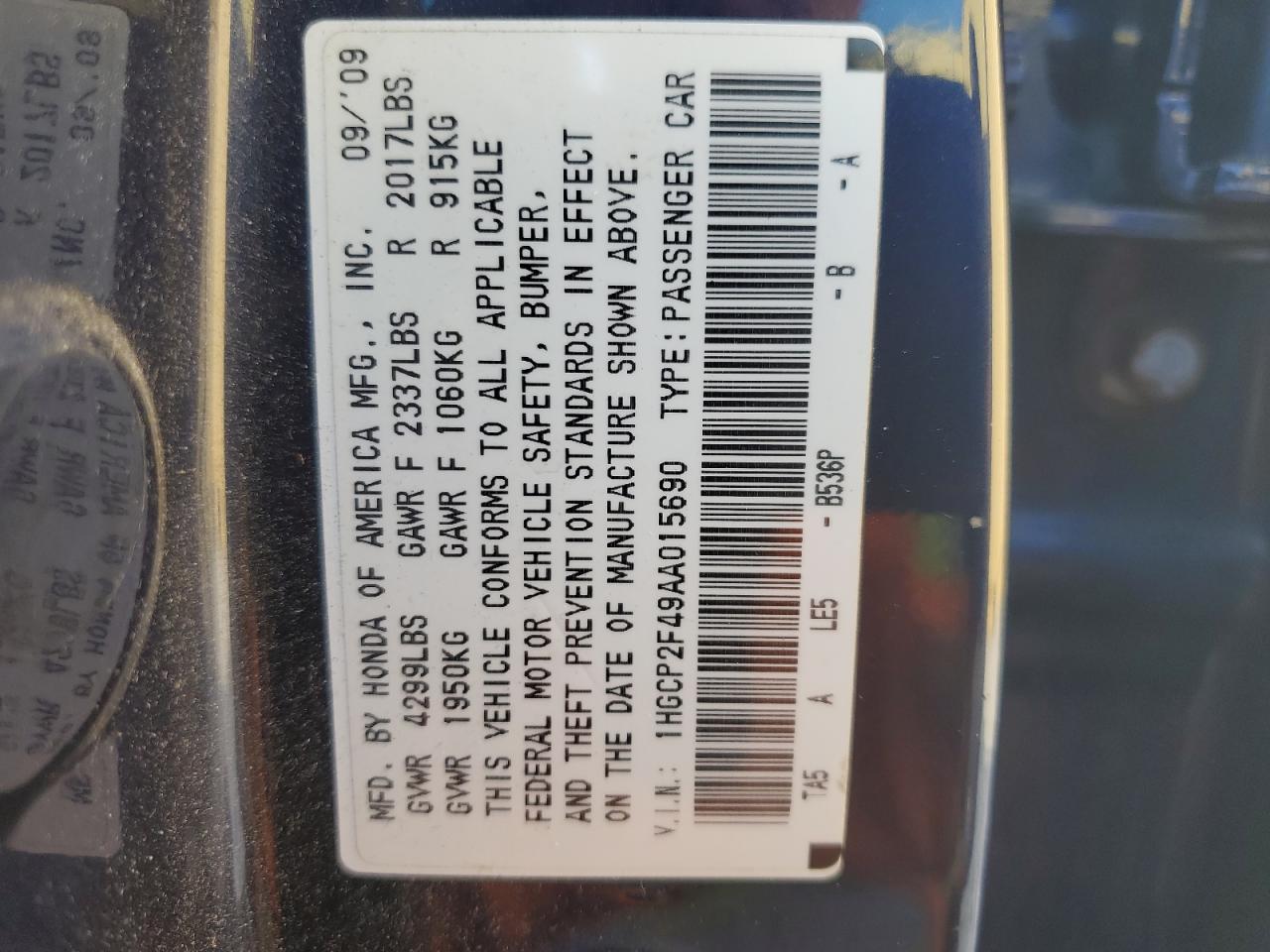 1HGCP2F49AA015690 2010 Honda Accord Lxp