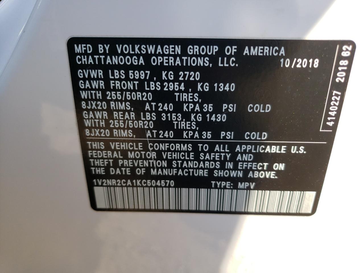 1V2NR2CA1KC504570 2019 Volkswagen Atlas Sel Premium