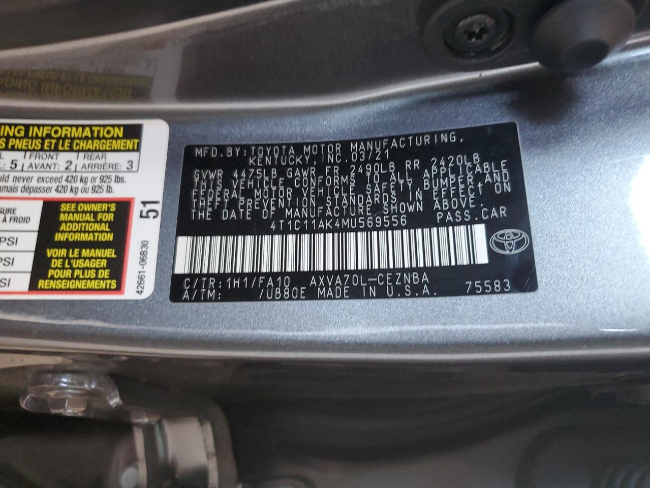 4T1C11AK4MU569556 2021 Toyota Camry Le