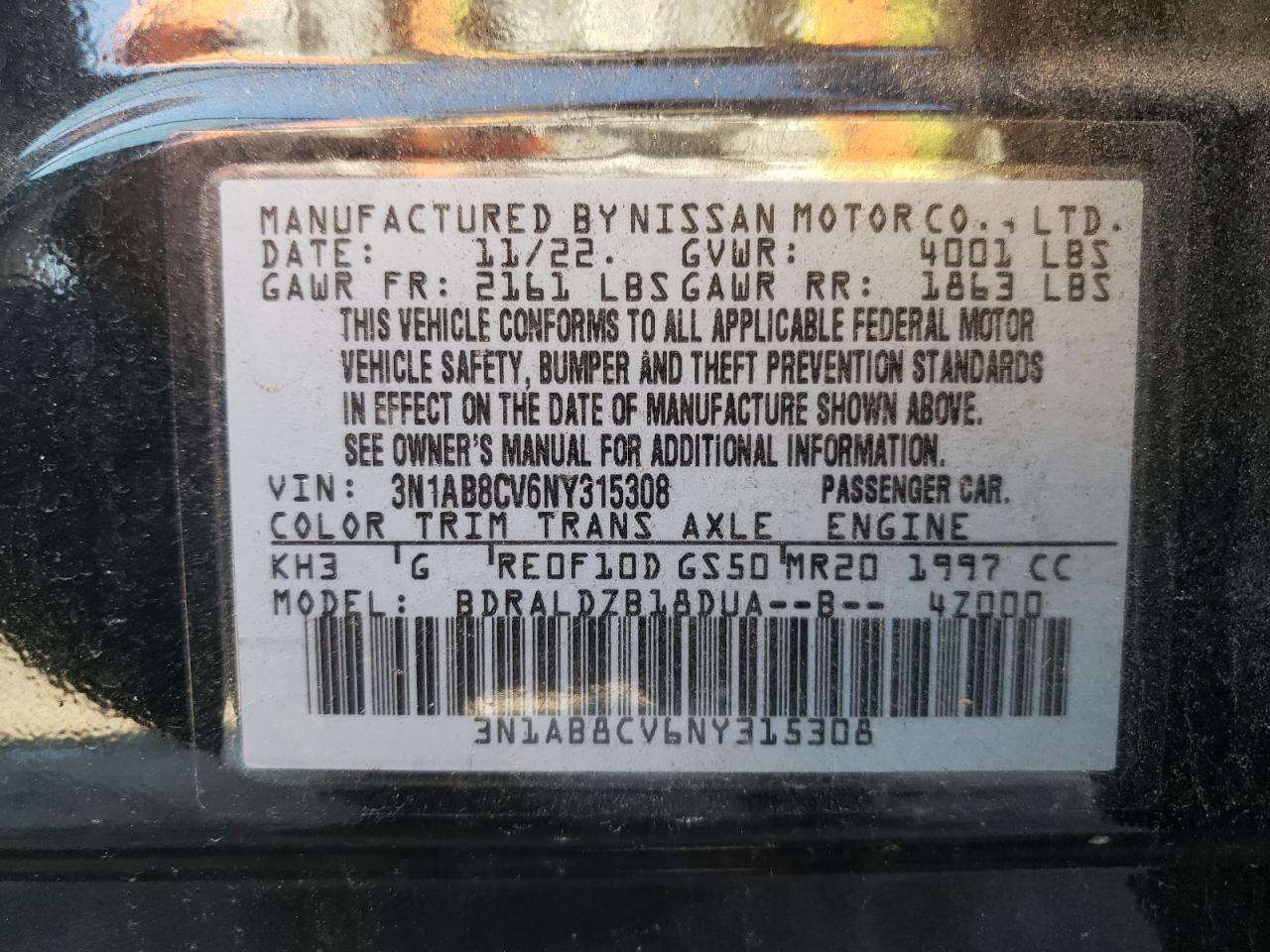 2022 Nissan Sentra Sv VIN: 3N1AB8CV6NY315308 Lot: 77851884