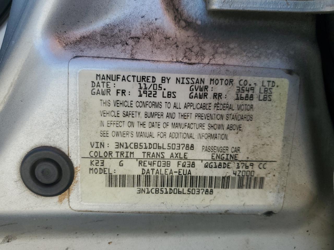 2006 Nissan Sentra 1.8 VIN: 3N1CB51D06L503788 Lot: 77462884