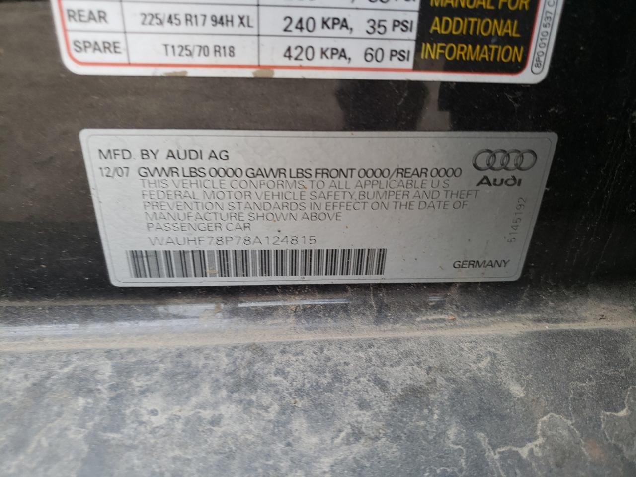 2008 Audi A3 2.0 VIN: WAUHF78P78A124815 Lot: 67557385