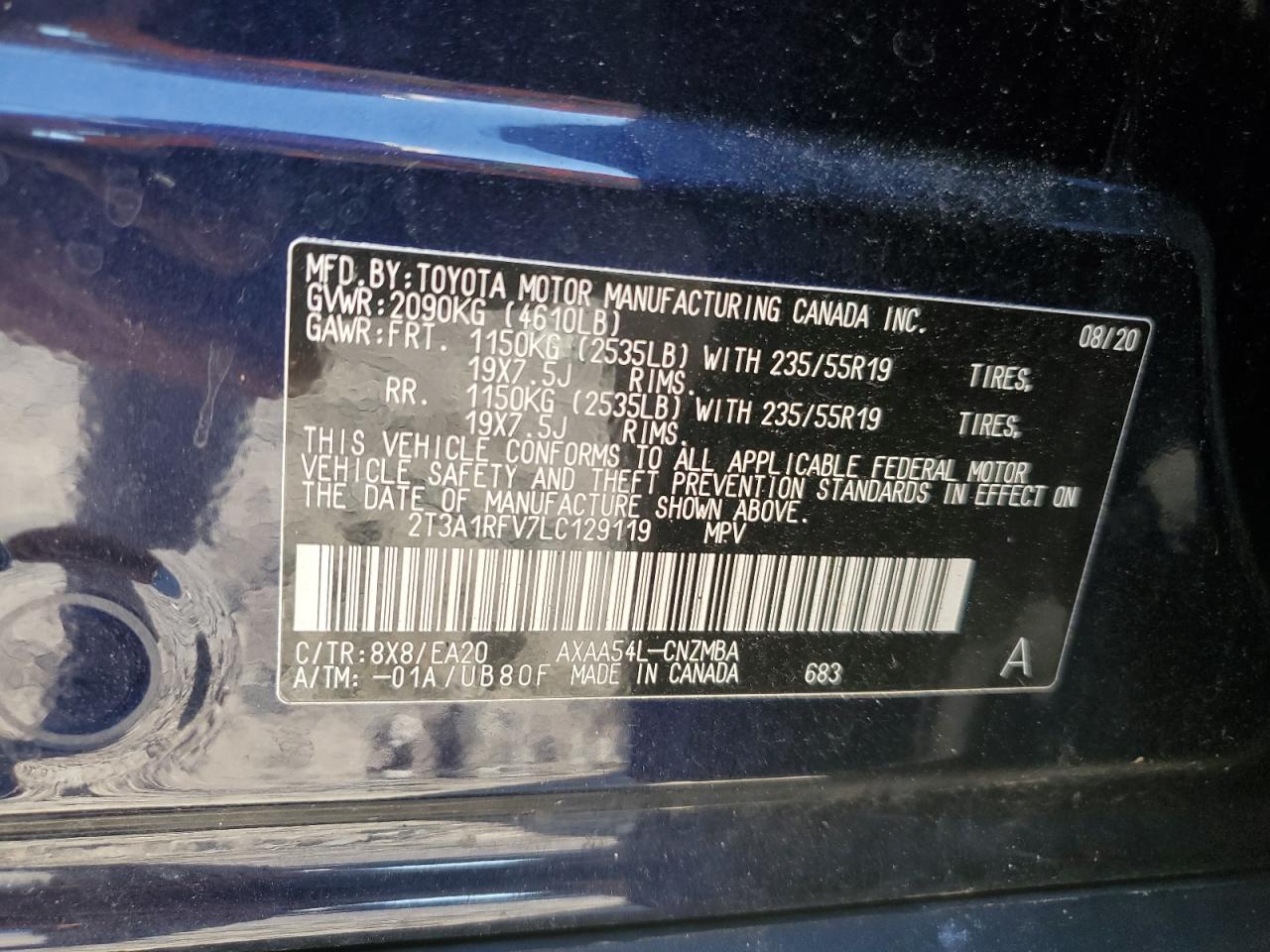 2020 Toyota Rav4 Xle Premium VIN: 2T3A1RFV7LC129119 Lot: 76092334