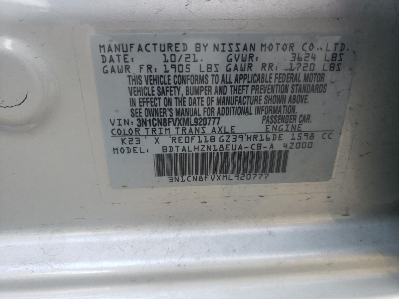 3N1CN8FVXML920777 2021 Nissan Versa Sr