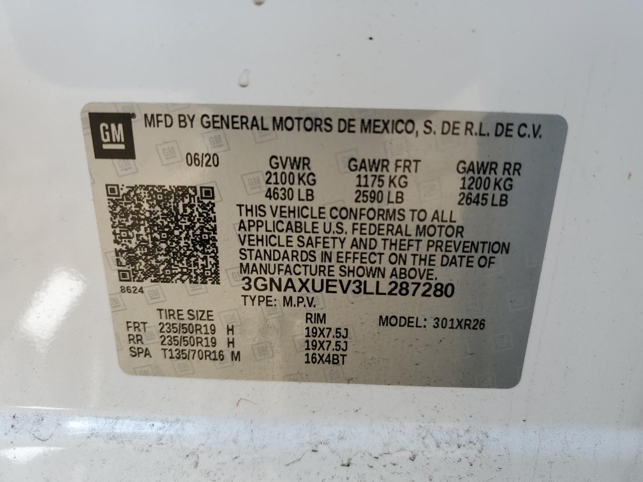 2020 Chevrolet Equinox Lt VIN: 3GNAXUEV3LL287280 Lot: 74892464