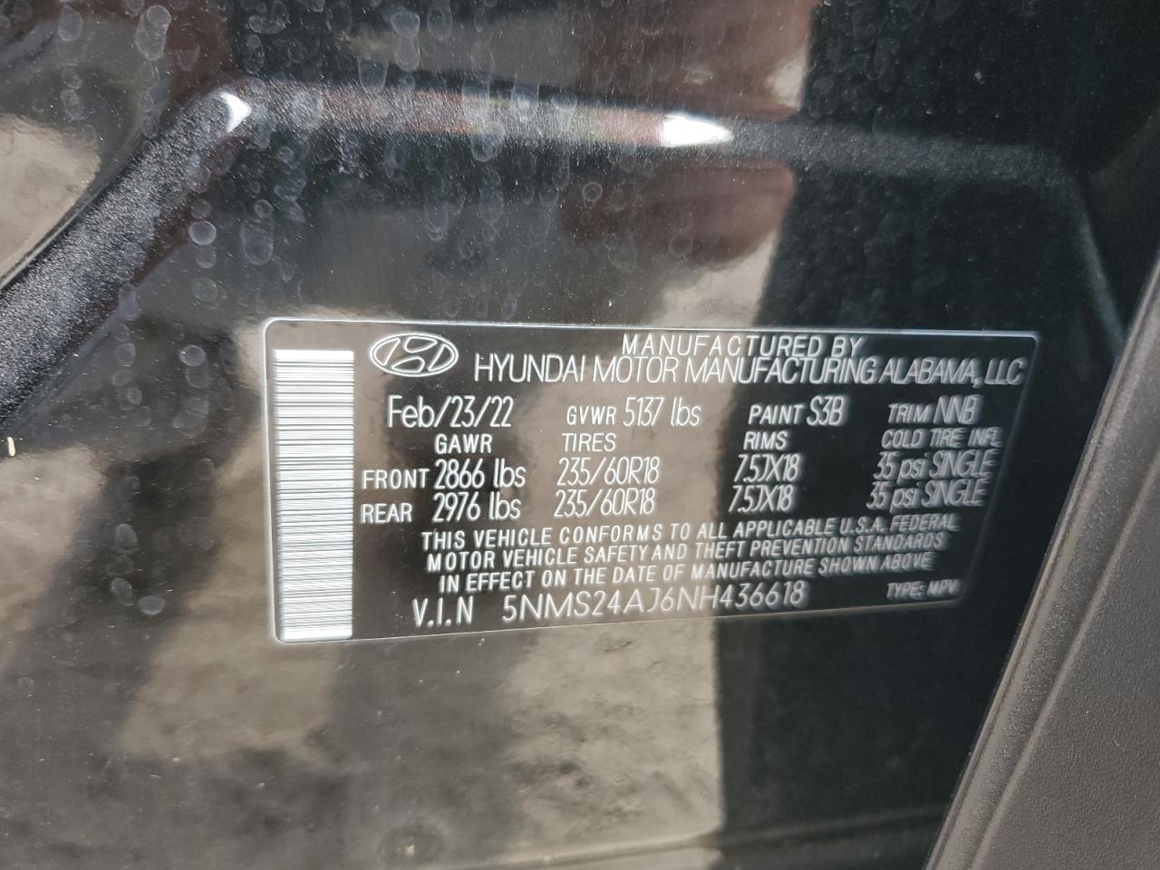 2022 Hyundai Santa Fe Sel VIN: 5NMS24AJ6NH436618 Lot: 74639154