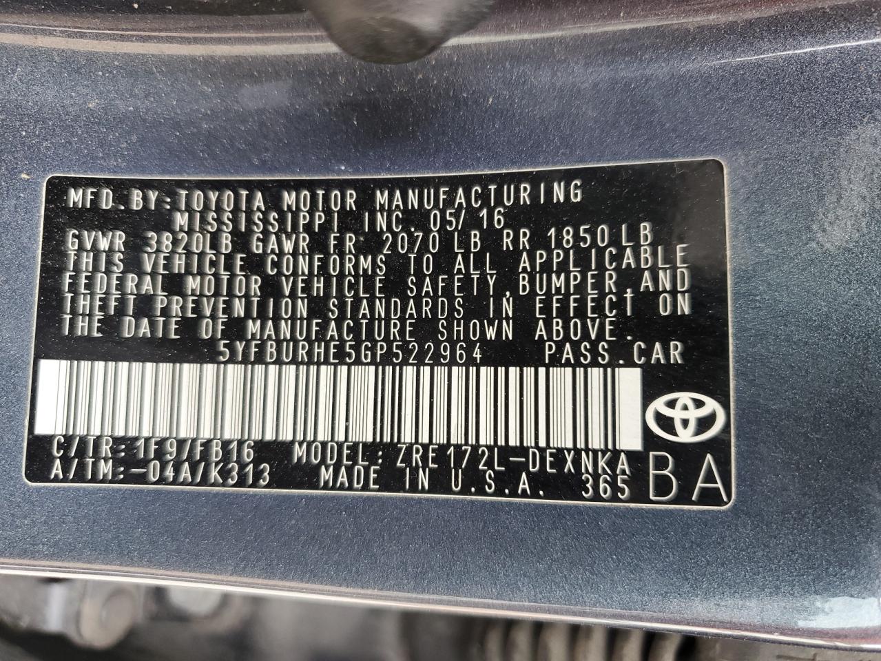 VIN 5YFBURHE5GP522964 2016 TOYOTA COROLLA no.12