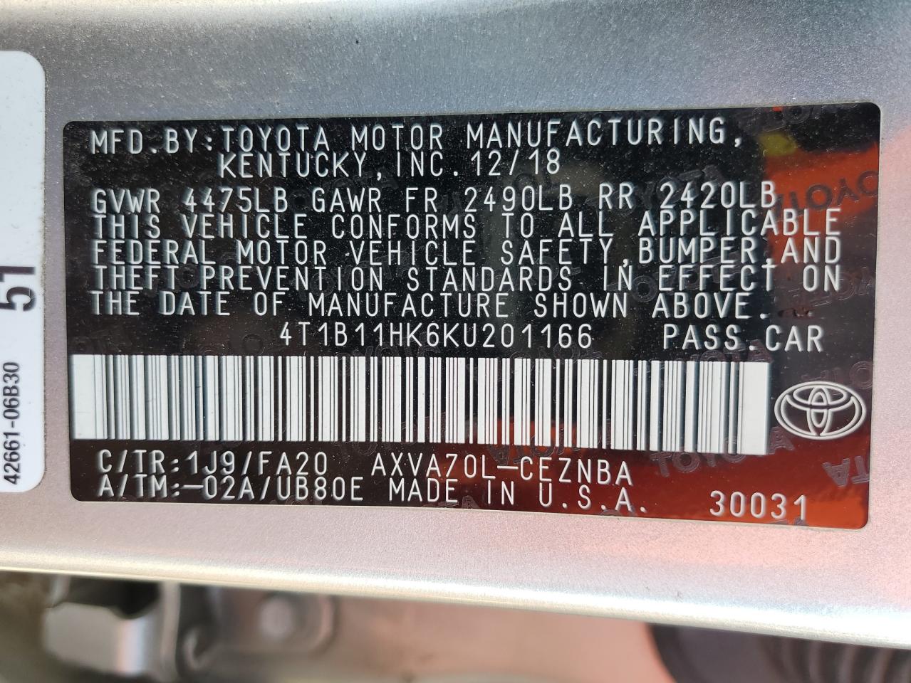 4T1B11HK6KU201166 2019 Toyota Camry L