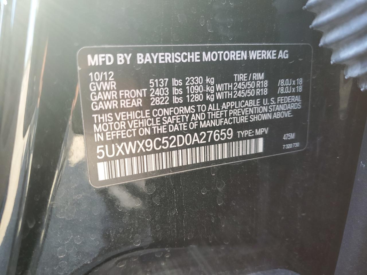 2013 BMW X3 xDrive28I VIN: 5UXWX9C52D0A27659 Lot: 75127614