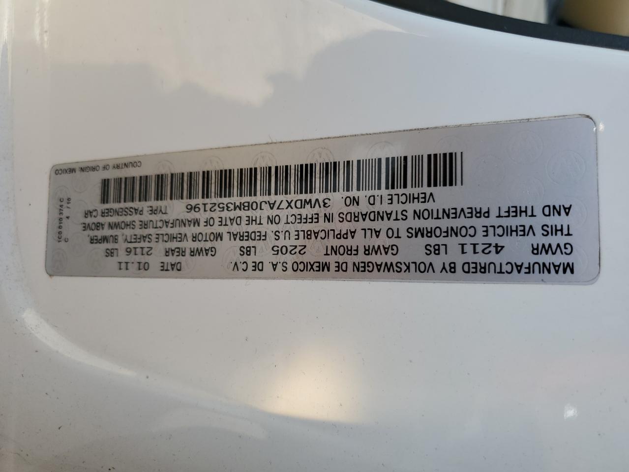 2011 Volkswagen Jetta Se VIN: 3VWDX7AJ0BM352196 Lot: 75535714