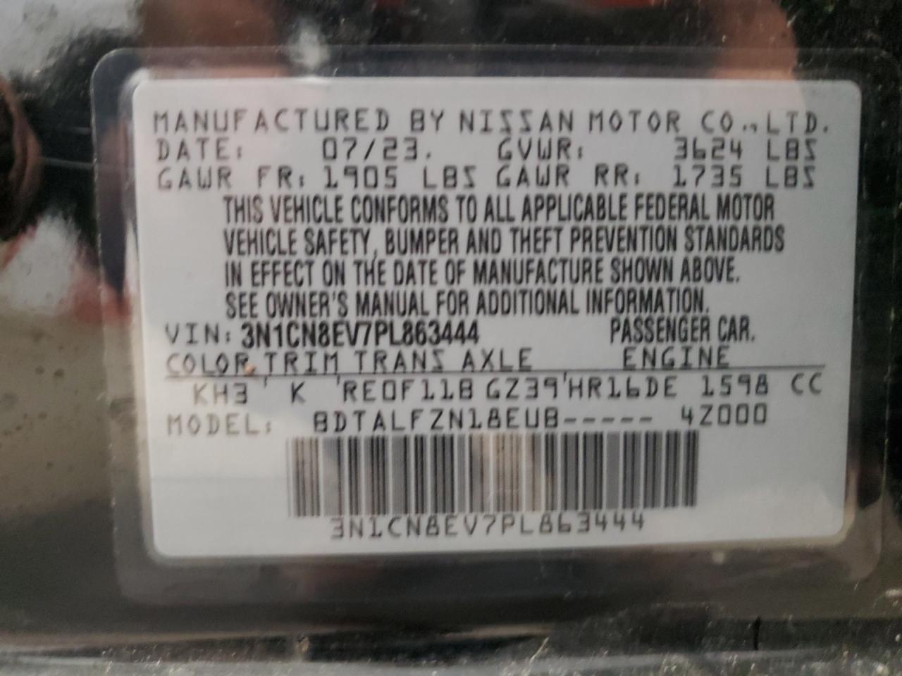 3N1CN8EV7PL863444 2023 Nissan Versa Sv