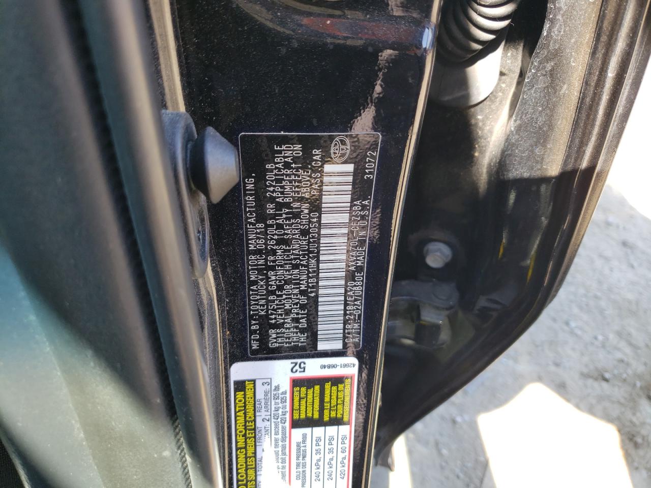 2018 Toyota Camry L VIN: 4T1B11HK1JU130540 Lot: 73303024