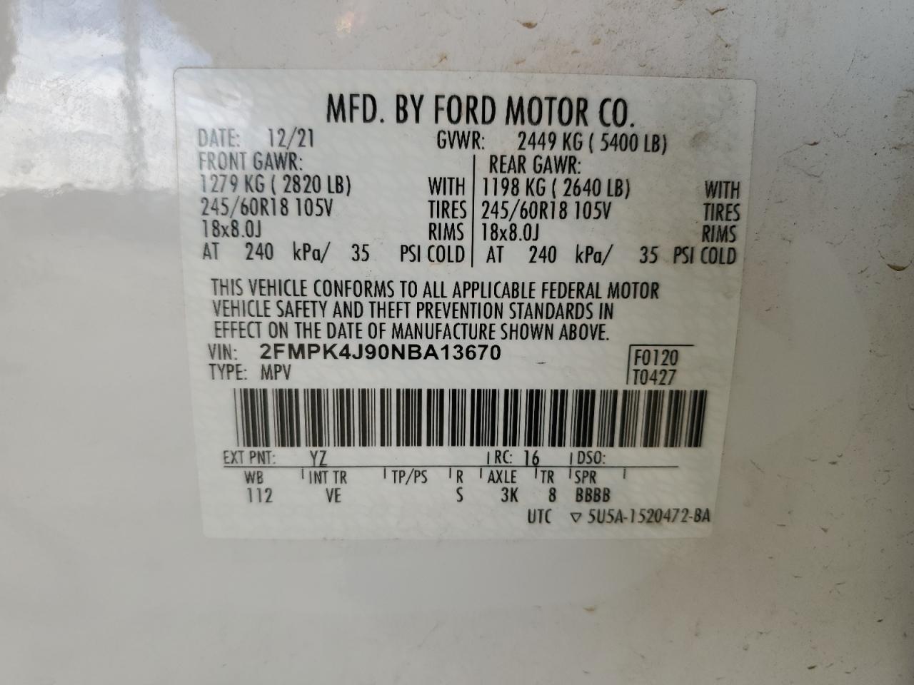 2FMPK4J90NBA13670 2022 Ford Edge Sel