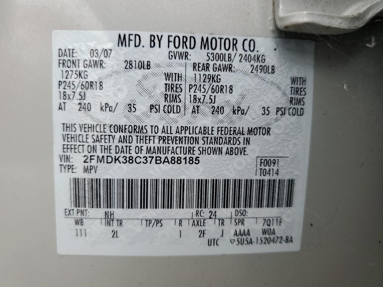 2FMDK38C37BA88185 2007 Ford Edge Sel