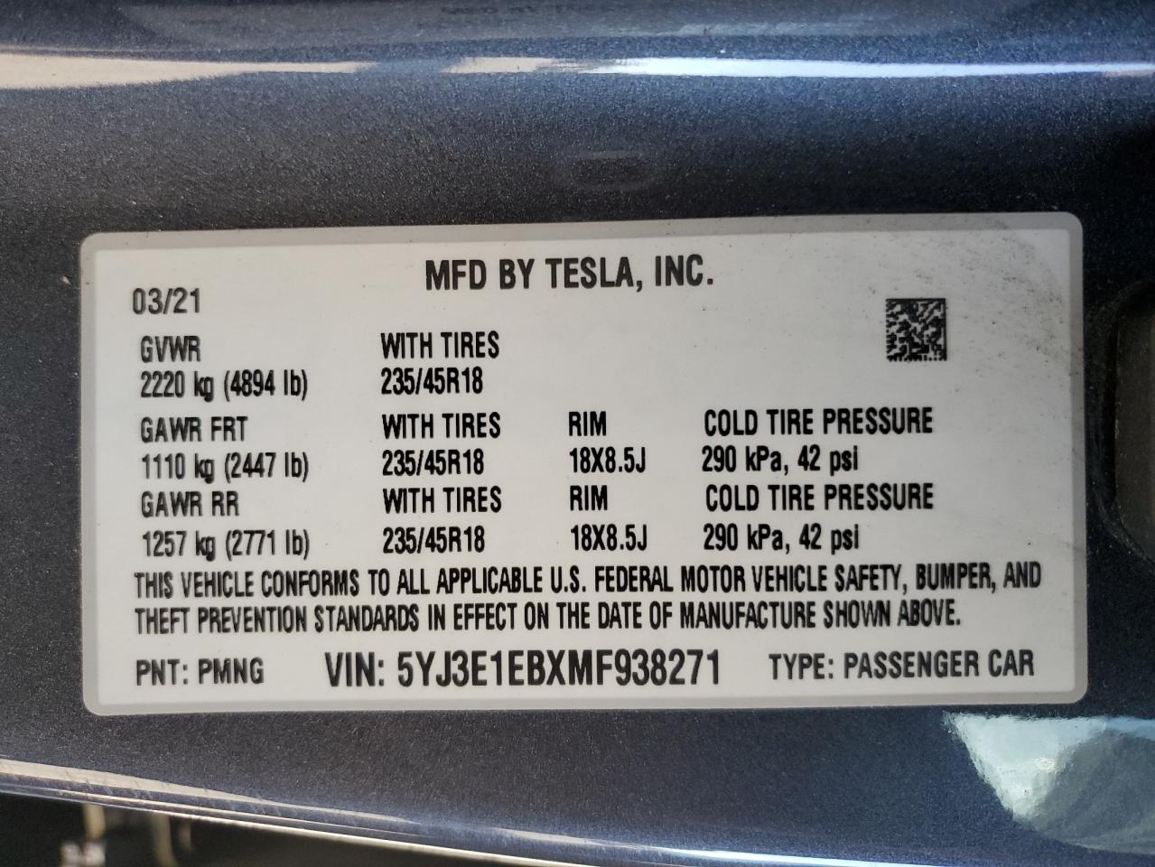 5YJ3E1EBXMF938271 2021 Tesla Model 3