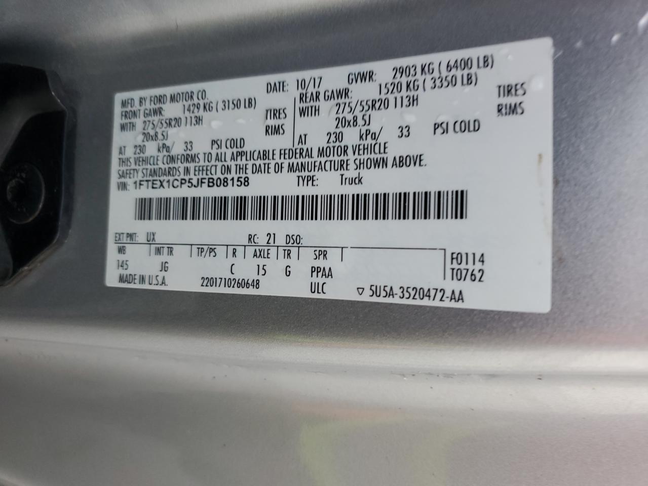 1FTEX1CP5JFB08158 2018 Ford F150 Super Cab