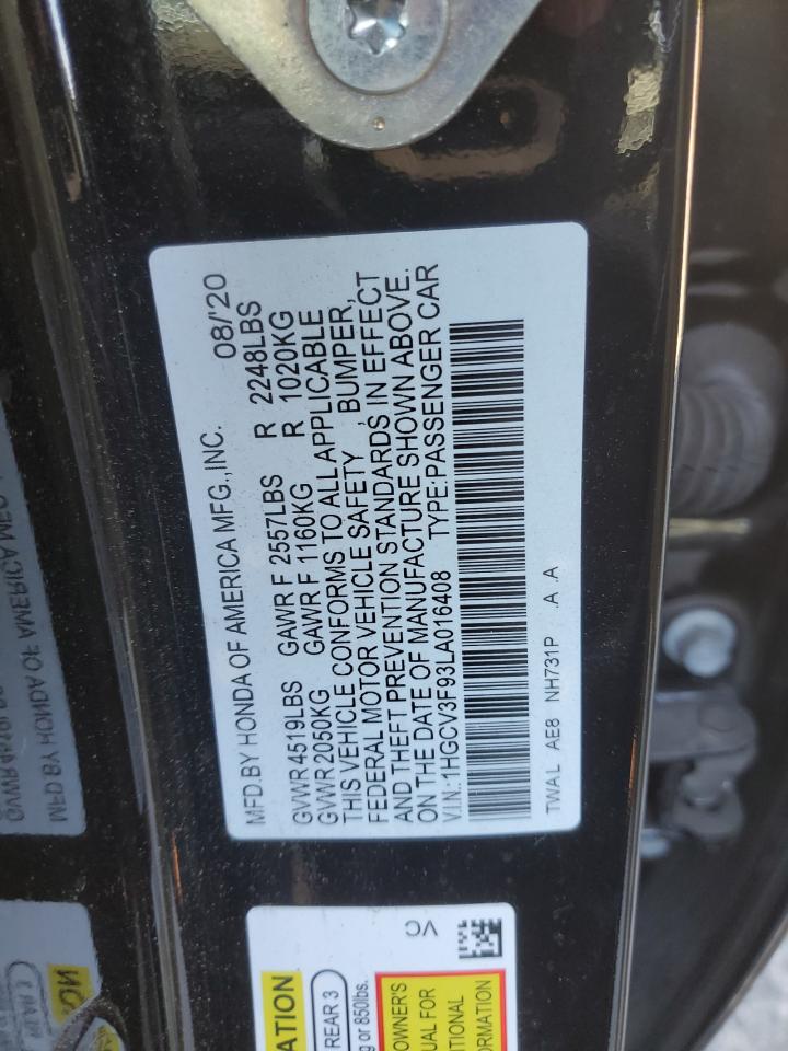 1HGCV3F93LA016408 2020 Honda Accord Touring Hybrid