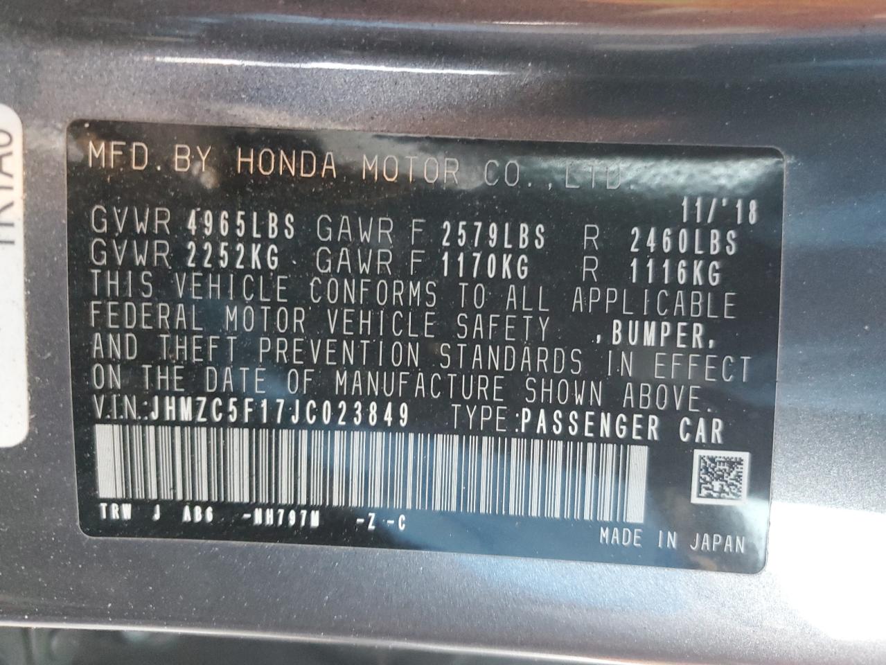 JHMZC5F17JC023849 2018 Honda Clarity